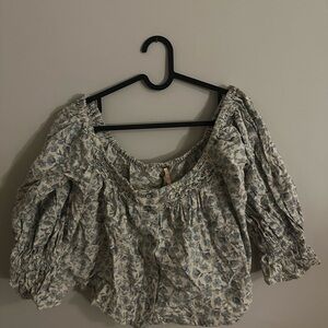Free People Floral Puff Sleeve Button Blouse - Blue and Cream